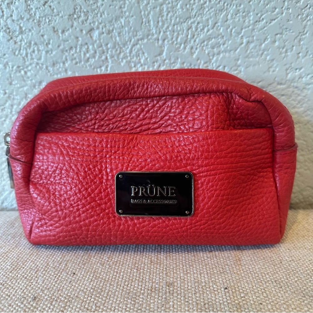 Prune Cherry Red Pebbled Leather Zipper Pouch